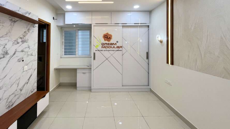 Master Bedroom with Sliding Door Wardrobe with T Strips, Study Table, False Ceiling,