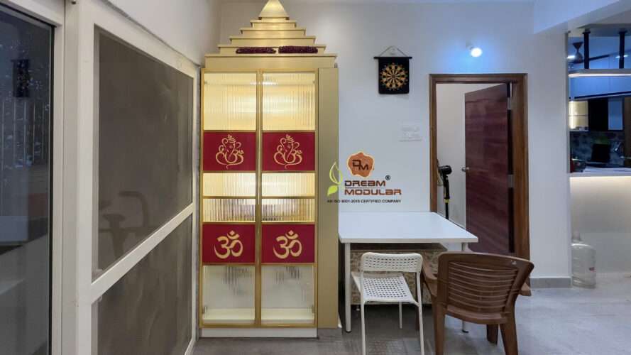 Pooja Unit Interior Design - Glass Doors, Om Symbols