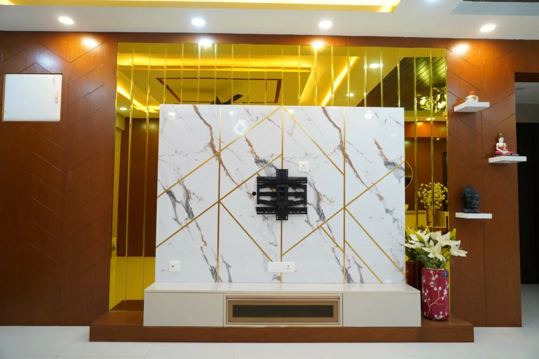 TV Unit Interior design with gold panel